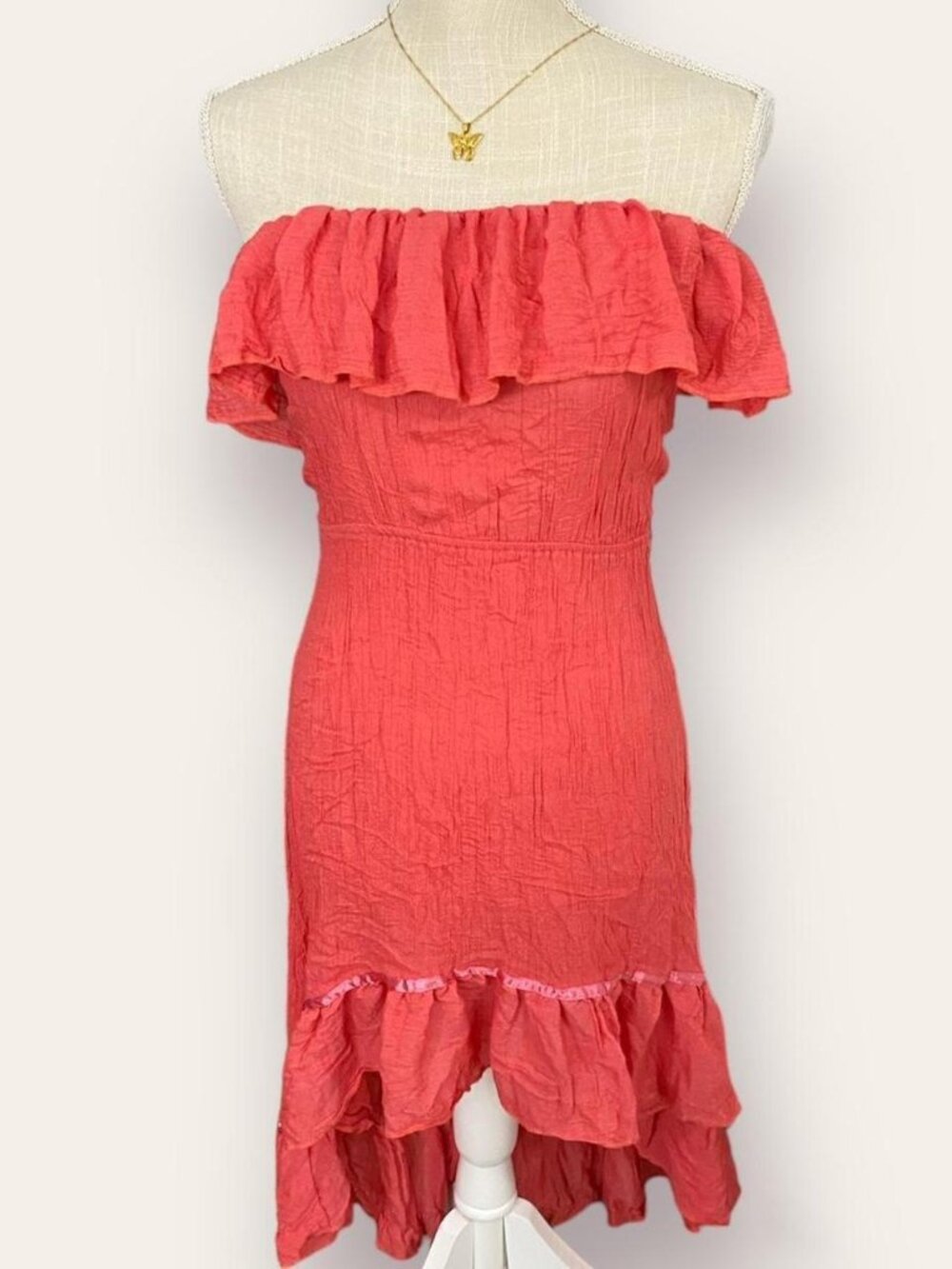 Coral Off-the-Shoulder High-Low Ruffle Dress | Summer Beach Style Size L